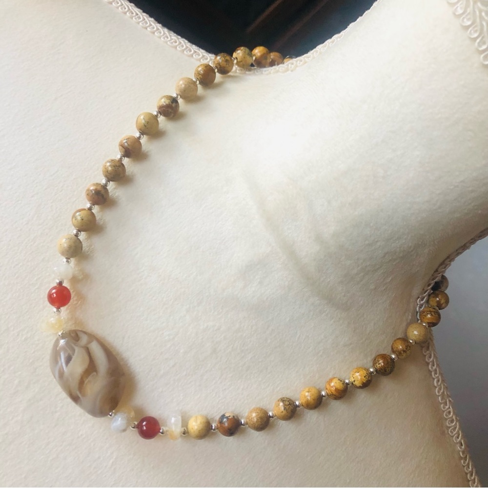 Handcrafted marble genuine picture jasper carnelian citrine stone necklace
